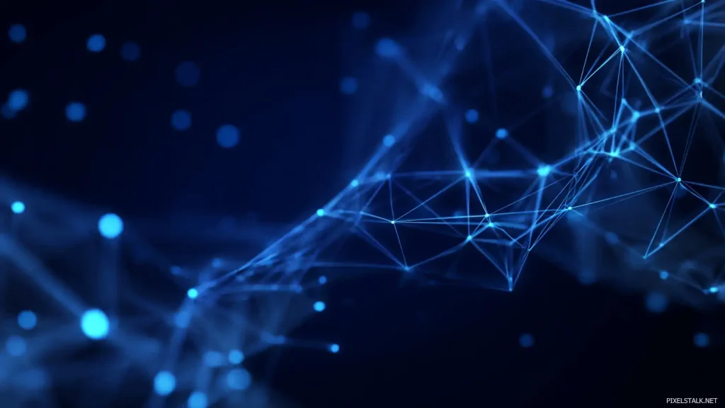 Abstract blue geometric wallpaper with glowing neon polygons connected by fine lines over dim navy field